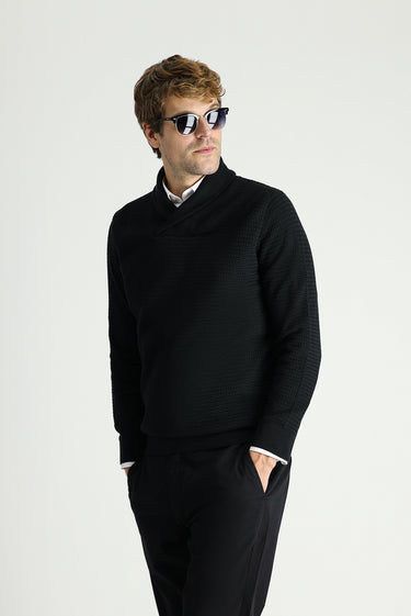 Siyah Şal Yaka Slim Fit Dar Kesim Desenli Pamuklu Triko Kazak