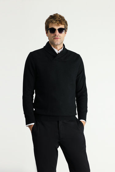 Siyah Şal Yaka Slim Fit Dar Kesim Desenli Pamuklu Triko Kazak