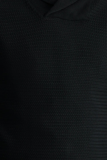 Siyah Şal Yaka Slim Fit Dar Kesim Desenli Pamuklu Triko Kazak