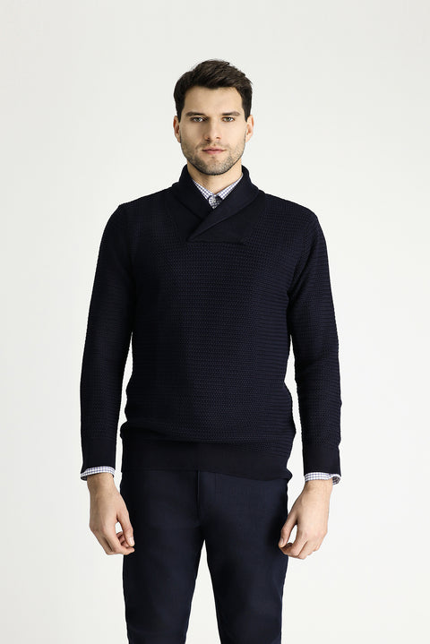 Koyu Lacivert Şal Yaka Slim Fit Dar Kesim Desenli Pamuklu Triko Kazak
