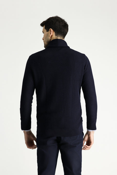 Koyu Lacivert Şal Yaka Slim Fit Dar Kesim Desenli Pamuklu Triko Kazak