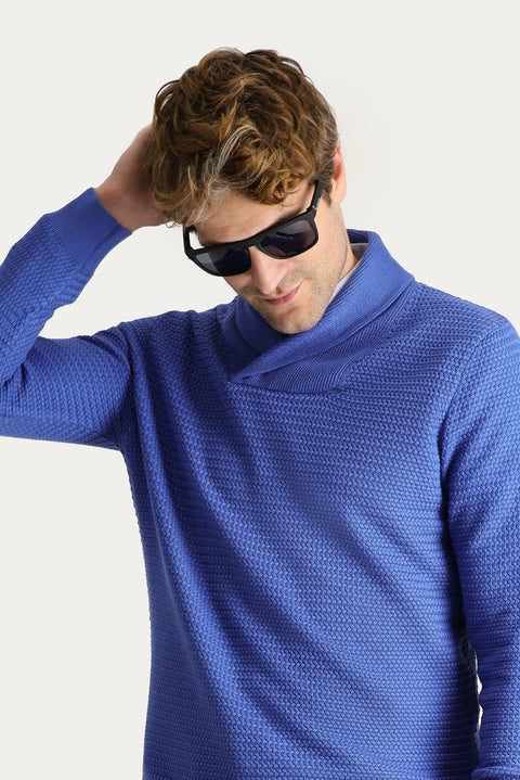 Koyu Mavi Şal Yaka Slim Fit Dar Kesim Desenli Pamuklu Triko Kazak