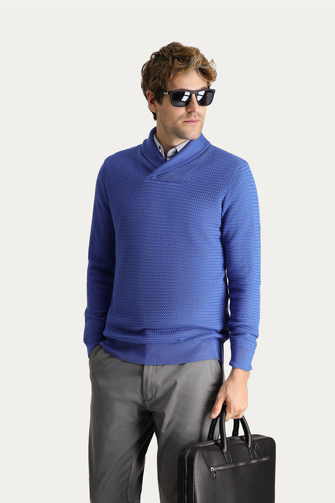 Koyu Mavi Şal Yaka Slim Fit Dar Kesim Desenli Pamuklu Triko Kazak