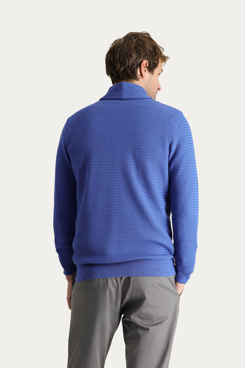 Koyu Mavi Şal Yaka Slim Fit Dar Kesim Desenli Pamuklu Triko Kazak