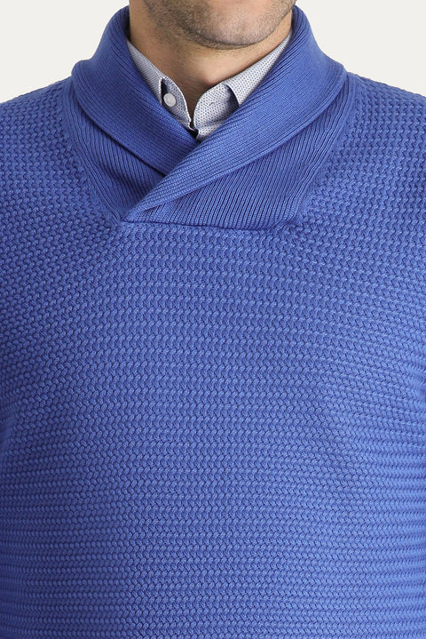 Koyu Mavi Şal Yaka Slim Fit Dar Kesim Desenli Pamuklu Triko Kazak