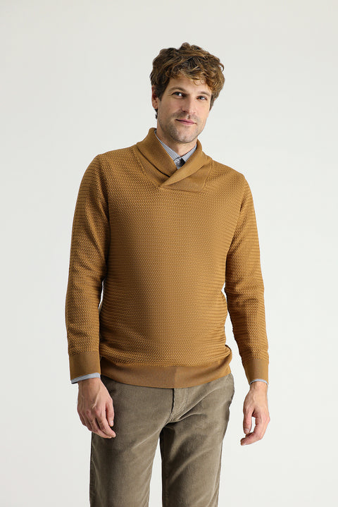 Camel Şal Yaka Slim Fit Dar Kesim Desenli Pamuklu Triko Kazak