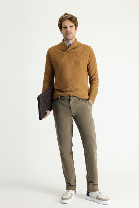 Camel Şal Yaka Slim Fit Dar Kesim Desenli Pamuklu Triko Kazak