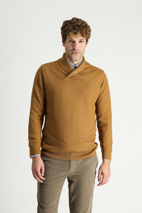 Camel Şal Yaka Slim Fit Dar Kesim Desenli Pamuklu Triko Kazak