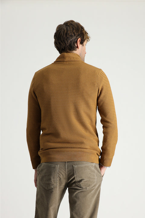 Camel Şal Yaka Slim Fit Dar Kesim Desenli Pamuklu Triko Kazak