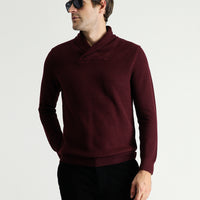 Koyu Bordo Şal Yaka Slim Fit Dar Kesim Desenli Pamuklu Triko Kazak