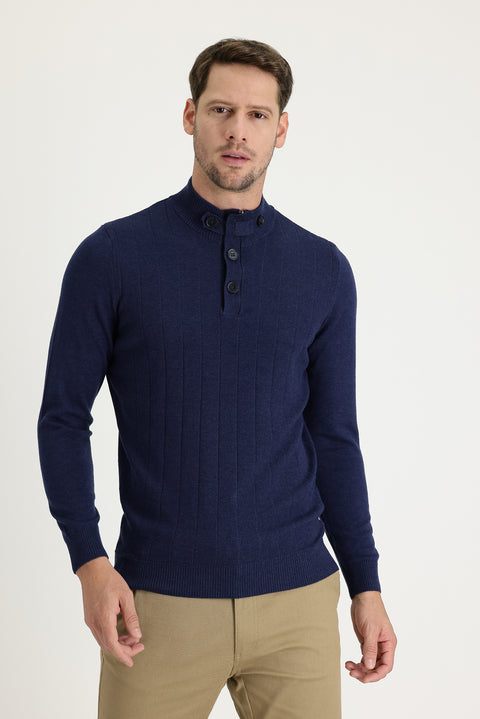 Orta Lacivert Melanj Yarım Balıkçı Yaka Slim Fit Dar Kesim Desenli Pamuklu Triko Kazak