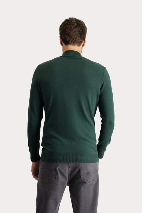 Orman Yeşili Yarım Balıkçı Yaka Slim Fit Dar Kesim Desenli Pamuklu Triko Kazak