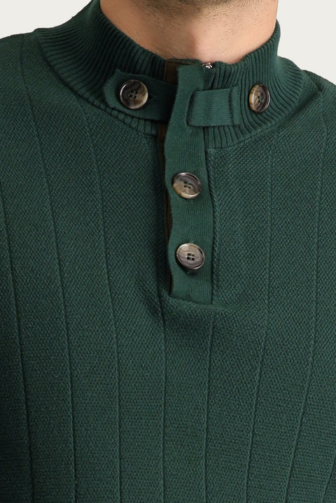 Orman Yeşili Yarım Balıkçı Yaka Slim Fit Dar Kesim Desenli Pamuklu Triko Kazak
