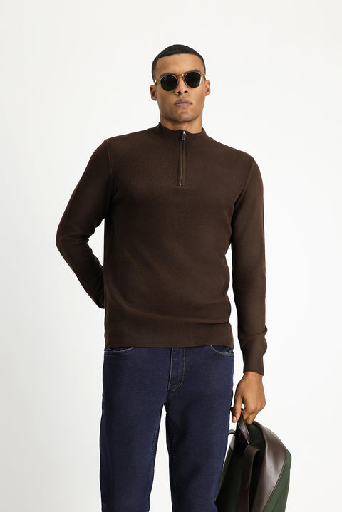Koyu Kahve Yarım Balıkçı Yaka Slim Fit Dar Kesim Fermuarlı Desenli Pamuklu Triko Kazak