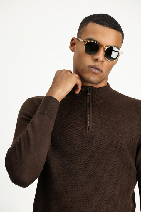 Koyu Kahve Yarım Balıkçı Yaka Slim Fit Dar Kesim Fermuarlı Desenli Pamuklu Triko Kazak