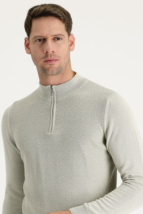 Stone Turtleneck Slim Fit Narrow Cut Zip-Up Patterned Cotton Knit Sweater