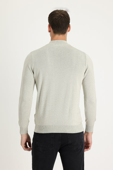 Stone Turtleneck Slim Fit Narrow Cut Zip-Up Patterned Cotton Knit Sweater
