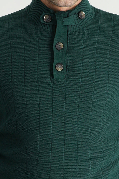 Orman Yeşili Yarım Balıkçı Yaka Slim Fit Dar Kesim Fermuarlı Desenli Pamuklu Triko Kazak