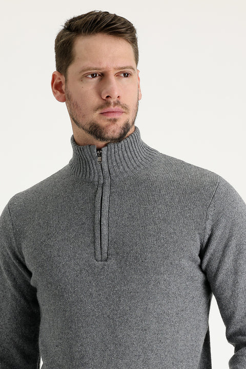 Koyu Füme Yarım Balıkçı Yaka Slim Fit Dar Kesim Fermuarlı Yünlü Triko Kazak