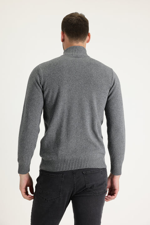 Koyu Füme Yarım Balıkçı Yaka Slim Fit Dar Kesim Fermuarlı Yünlü Triko Kazak