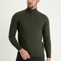 Medium Khaki Semi-Turtleneck Slim Fit Narrow Cut Zip-Up Wool Knit Sweater