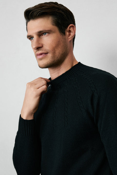 Black Semi-Turtleneck Slim Fit Patterned Seamless Knit Sweater