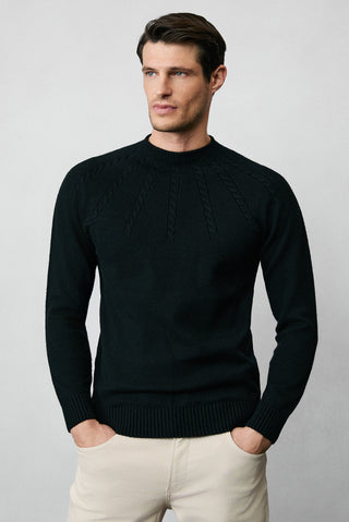 Siyah Yarım Balıkçı Yaka Slim Fit Desenli Dikişsiz Triko Kazak