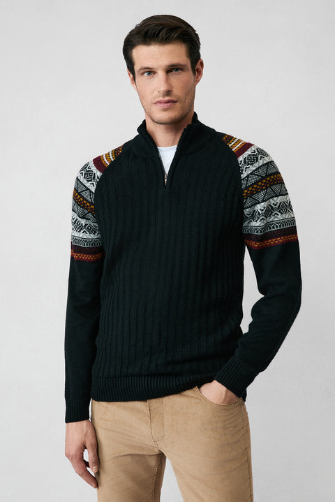 Siyah Yarım Balıkçı Yaka Fermuarlı Slim Fit Desenli Triko Kazak