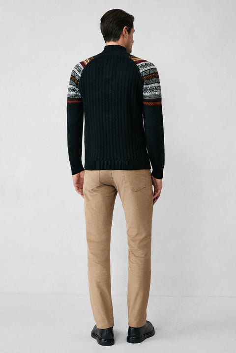 Siyah Yarım Balıkçı Yaka Fermuarlı Slim Fit Desenli Triko Kazak