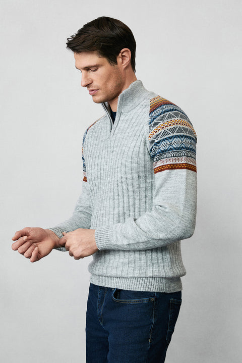 Medium Grey Melange Half Turtleneck Zip-Up Slim Fit Patterned Knit Sweater