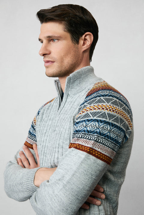 Medium Grey Melange Half Turtleneck Zip-Up Slim Fit Patterned Knit Sweater