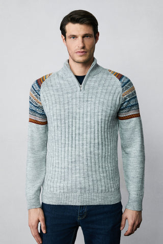 Orta Gri Melanj Yarım Balıkçı Yaka Fermuarlı Slim Fit Desenli Triko Kazak