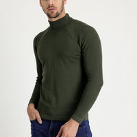 Light Khaki Turtleneck Slim Fit Narrow Cut Patterned Cotton Knit Sweater