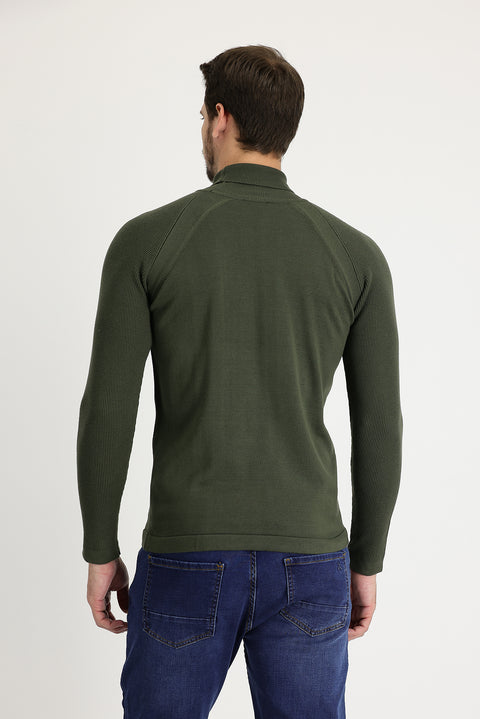 Light Khaki Turtleneck Slim Fit Narrow Cut Patterned Cotton Knit Sweater