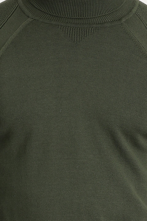 Light Khaki Turtleneck Slim Fit Narrow Cut Patterned Cotton Knit Sweater