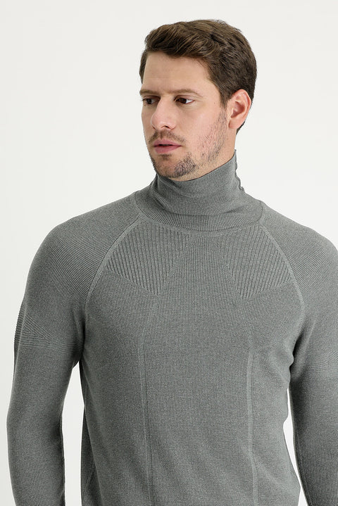 Orta Gri Melanj Balıkçı Yaka Slim Fit Dar Kesim Desenli Triko Kazak