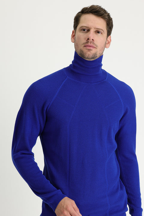 Açık Saks Mavi Balıkçı Yaka Slim Fit Dar Kesim Desenli Pamuklu Triko Kazak