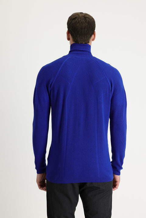 Açık Saks Mavi Balıkçı Yaka Slim Fit Dar Kesim Desenli Pamuklu Triko Kazak