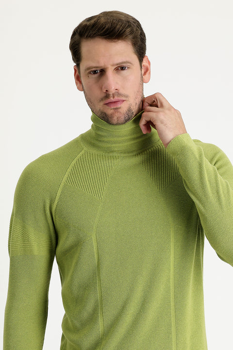 Fıstık Yeşili Balıkçı Yaka Slim Fit Dar Kesim Desenli Pamuklu Triko Kazak