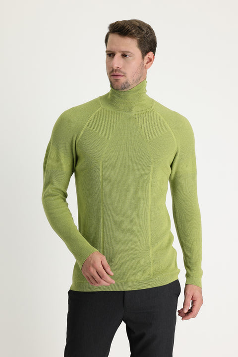 Fıstık Yeşili Balıkçı Yaka Slim Fit Dar Kesim Desenli Pamuklu Triko Kazak