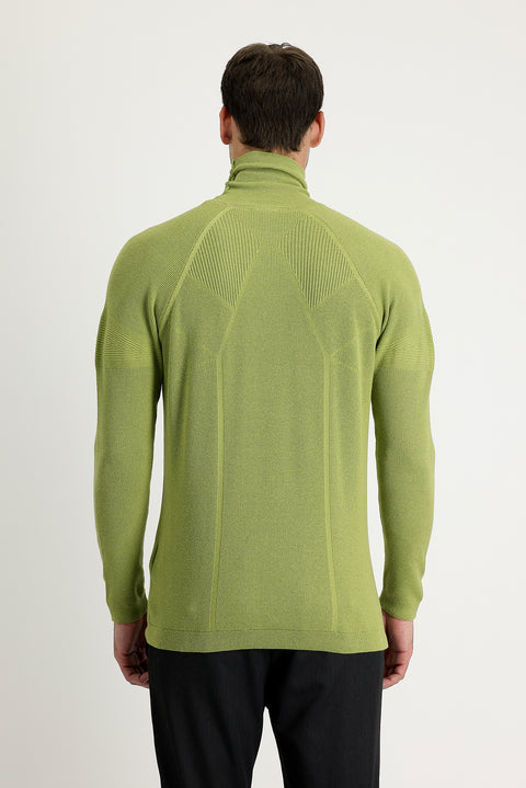 Fıstık Yeşili Balıkçı Yaka Slim Fit Dar Kesim Desenli Pamuklu Triko Kazak