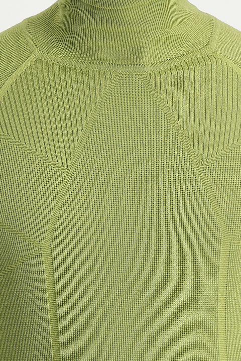 Fıstık Yeşili Balıkçı Yaka Slim Fit Dar Kesim Desenli Pamuklu Triko Kazak