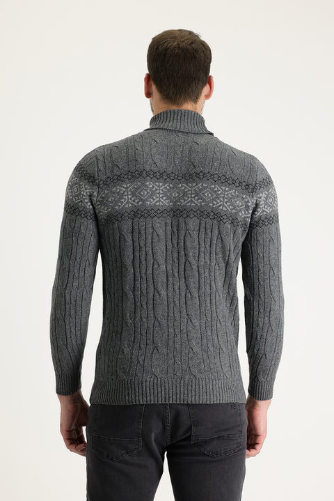 Medium Gray Turtleneck Slim Fit Narrow Cut Wool Patterned Knit Sweater