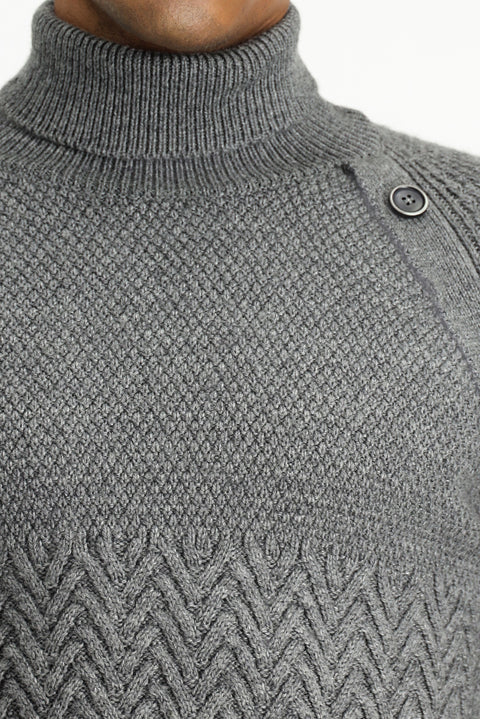 Orta Gri Melanj Balıkçı Yaka Slim Fit Dar Kesim Desenli Yünlü Triko Kazak
