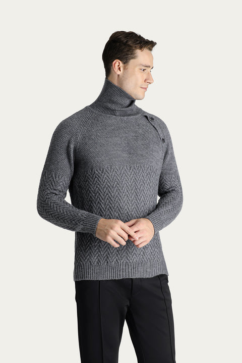 Orta Gri Melanj Balıkçı Yaka Slim Fit Dar Kesim Desenli Yünlü Triko Kazak