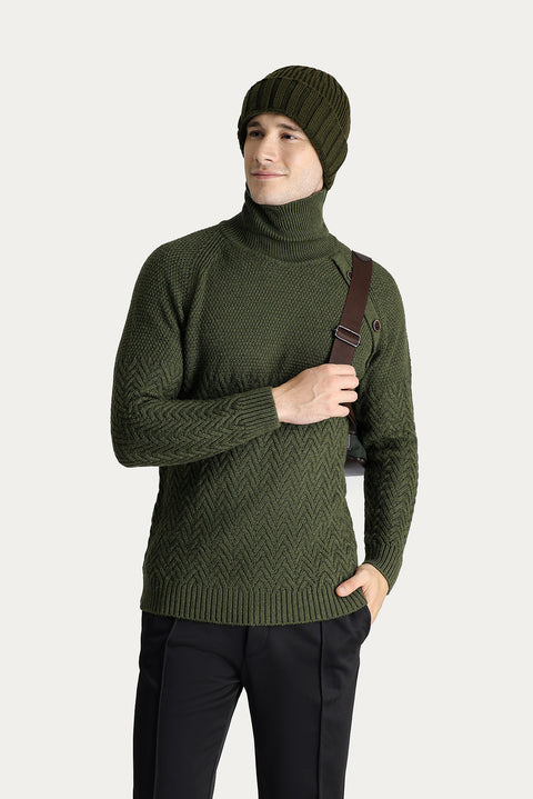 Orta Haki Balıkçı Yaka Slim Fit Dar Kesim Desenli Yünlü Triko Kazak