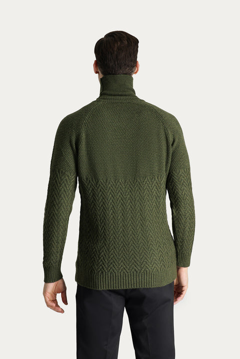 Orta Haki Balıkçı Yaka Slim Fit Dar Kesim Desenli Yünlü Triko Kazak