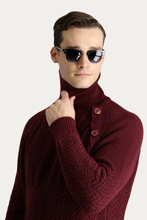 Koyu Bordo Balıkçı Yaka Slim Fit Dar Kesim Desenli Yünlü Triko Kazak