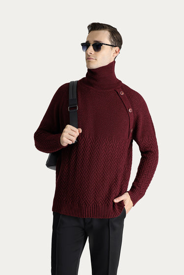 Koyu Bordo Balıkçı Yaka Slim Fit Dar Kesim Desenli Yünlü Triko Kazak
