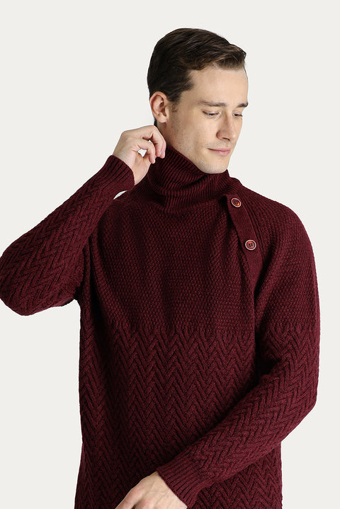 Koyu Bordo Balıkçı Yaka Slim Fit Dar Kesim Desenli Yünlü Triko Kazak